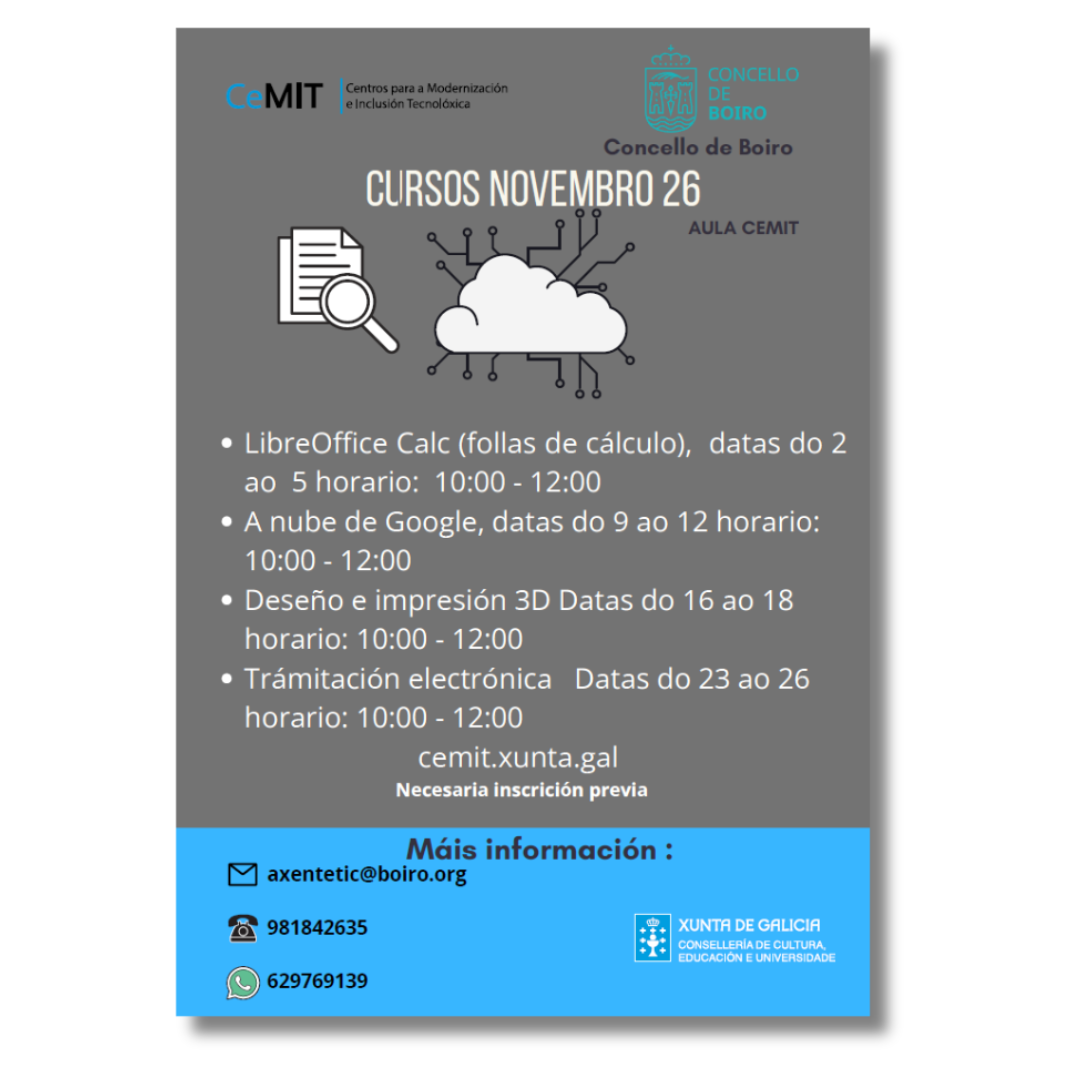 Cursos Aula CeMIT novembro 2026 | Concello de Boiro